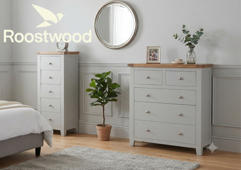 Roostwood 'Malvern' Grey Painted Oak 5 Drawer  Tallboy / Chest of Drawers