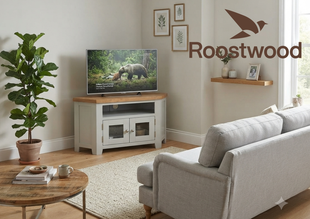 Roostwood 'Malvern' Grey Painted Oak Glazed Corner TV Cabinet
