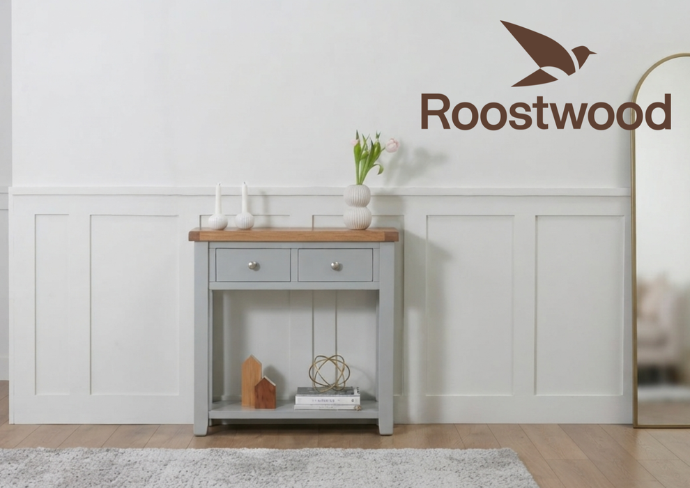Roostwood 'Malvern' Grey Painted Solid Oak 2 Draw Console Table / Hall Way Table