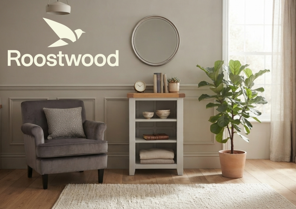 Roostwood 'Malvern' Grey Painted Oak Small Bookcase / DVD Rack