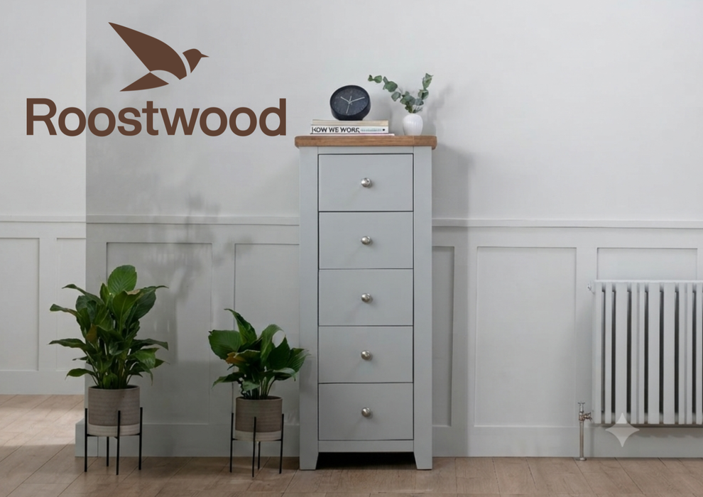 Roostwood 'Malvern' Grey Painted Oak 5 Drawer  Tallboy / Chest of Drawers