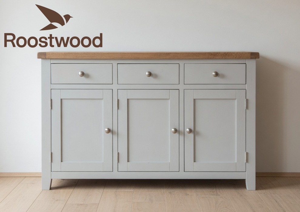 Roostwood 'Malvern' Grey Painted Solid Oak Large 3 Door Sideboard