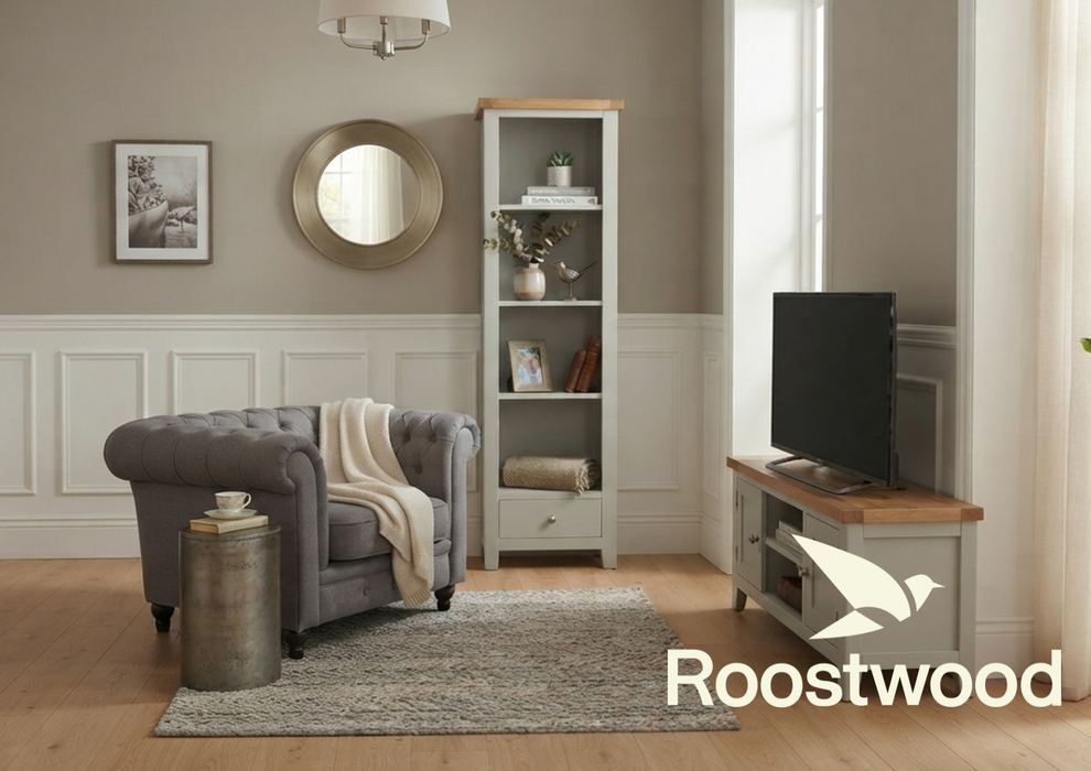 Roostwood 'Malvern' Grey Painted Oak Slim Bookcase / Display Unit