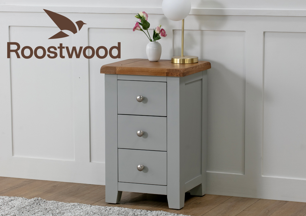 Roostwood 'Malvern' Grey Painted Oak 3 Drawer Bedside Cabinet