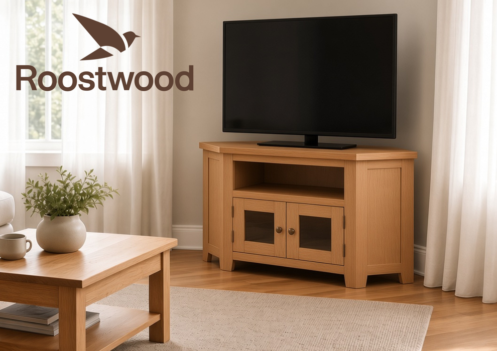 Roostwood 'Malvern' Natural Oak Glazed Corner TV Cabinet
