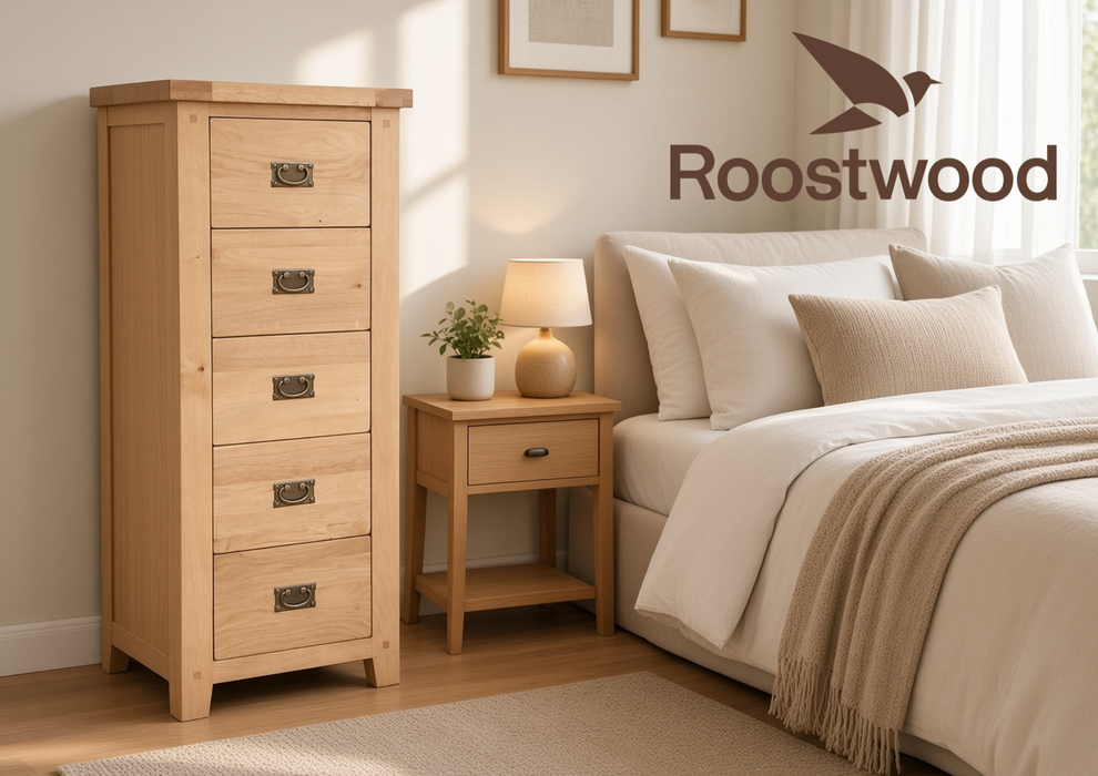 Roostwood 'Malvern' Natural Oak 5 Drawer Tallboy / Chest of Drawers