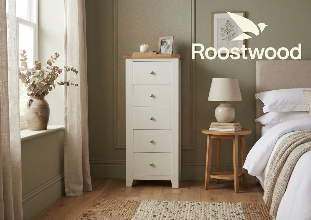 Roostwood 'Malvern' White Painted Oak 5 Drawer  Tallboy / Chest of Drawers