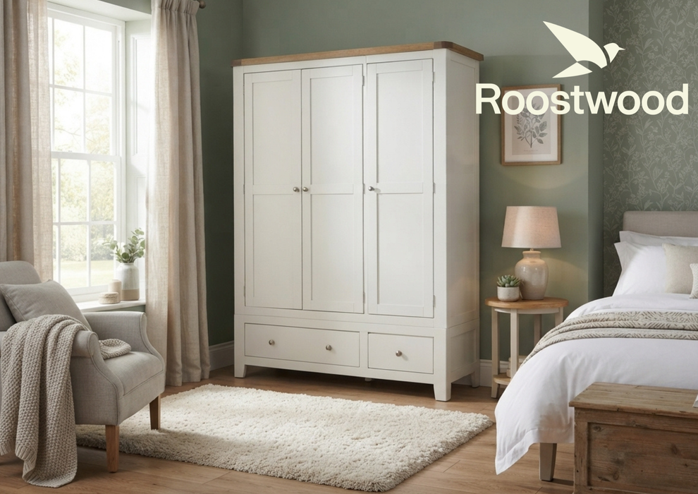 Roostwood 'Malvern' White Painted Oak 3 Door / 2 Drawer Triple Wardrobe