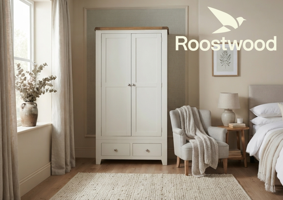 Roostwood 'Malvern' White Painted Oak 2 Door / 2 Drawer Double Wardrobe