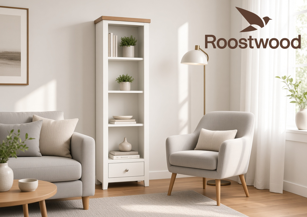 Roostwood 'Malvern' White Painted Oak Slim Bookcase / Display Unit