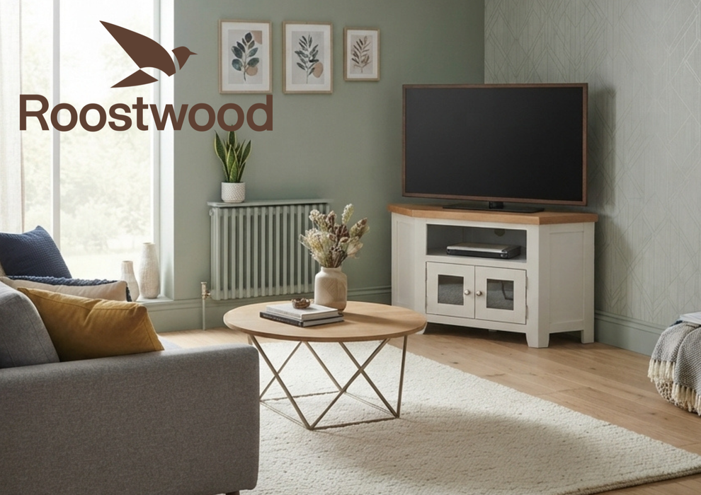 Roostwood 'Malvern' White Painted Oak Glazed Corner TV Cabinet