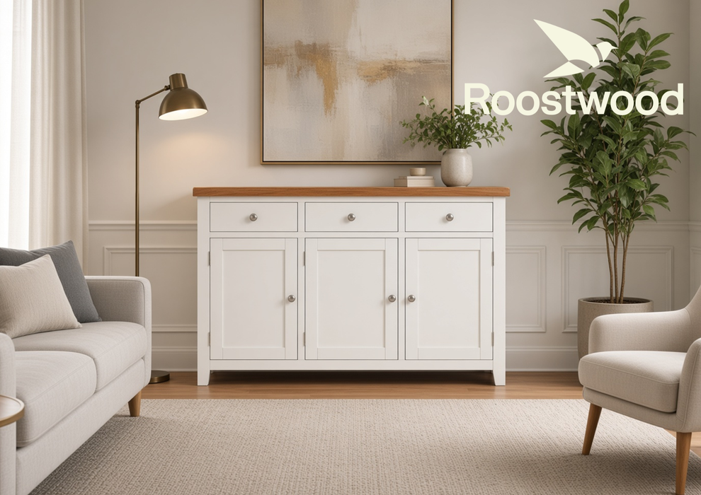 Roostwood 'Malvern' White Painted Solid Oak Large 3 Door Sideboard