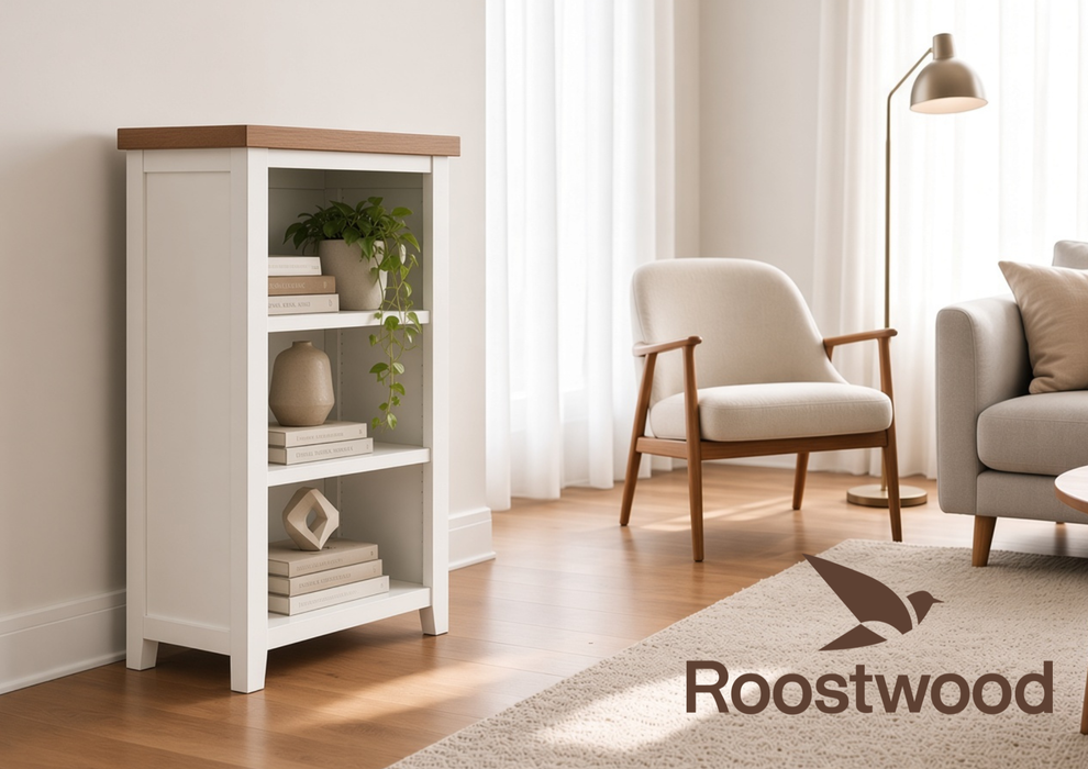 Roostwood 'Malvern' White Painted Oak Small Bookcase / DVD Rack