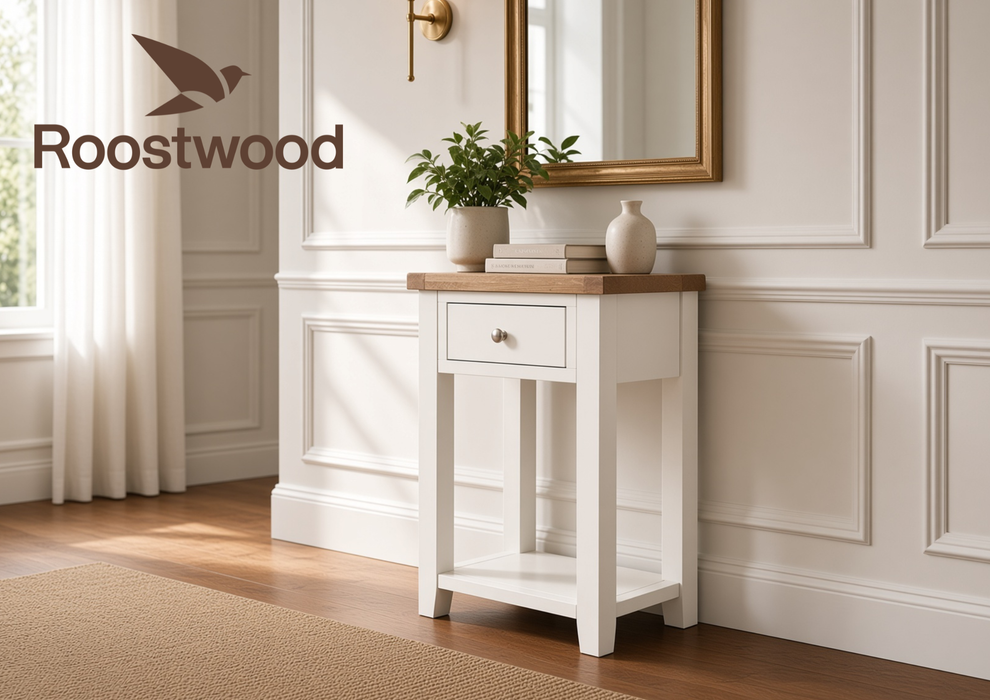 Roostwood 'Malvern' White Painted Solid Oak 1 Draw Console Table / Hall Way Table