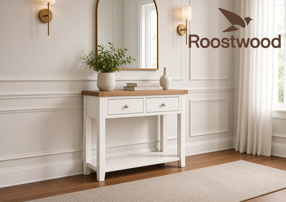 Roostwood 'Malvern' White Painted Solid Oak 2 Draw Console Table / Hall Way Table