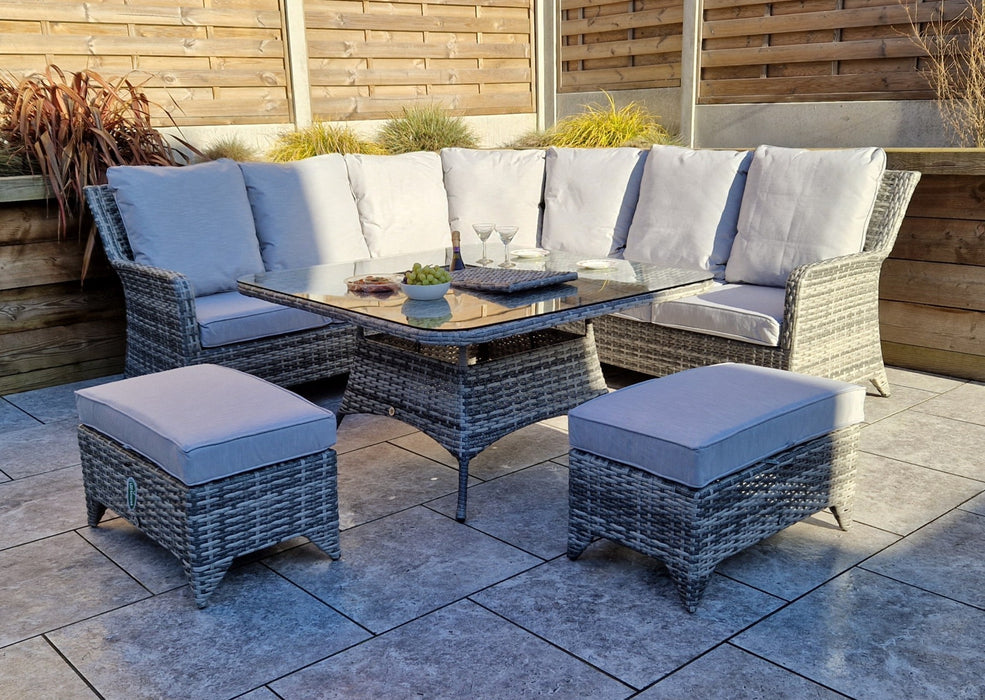  'Sorrento' Large Corner Grey Rattan Sofa Dining Table Set with ice bucket Table Top