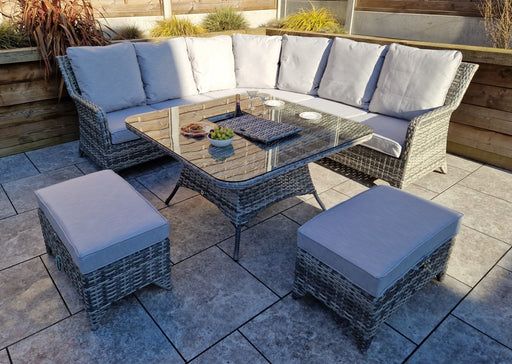  'Sorrento' Large Corner Grey Rattan Sofa Dining Table Set with ice bucket Table Top