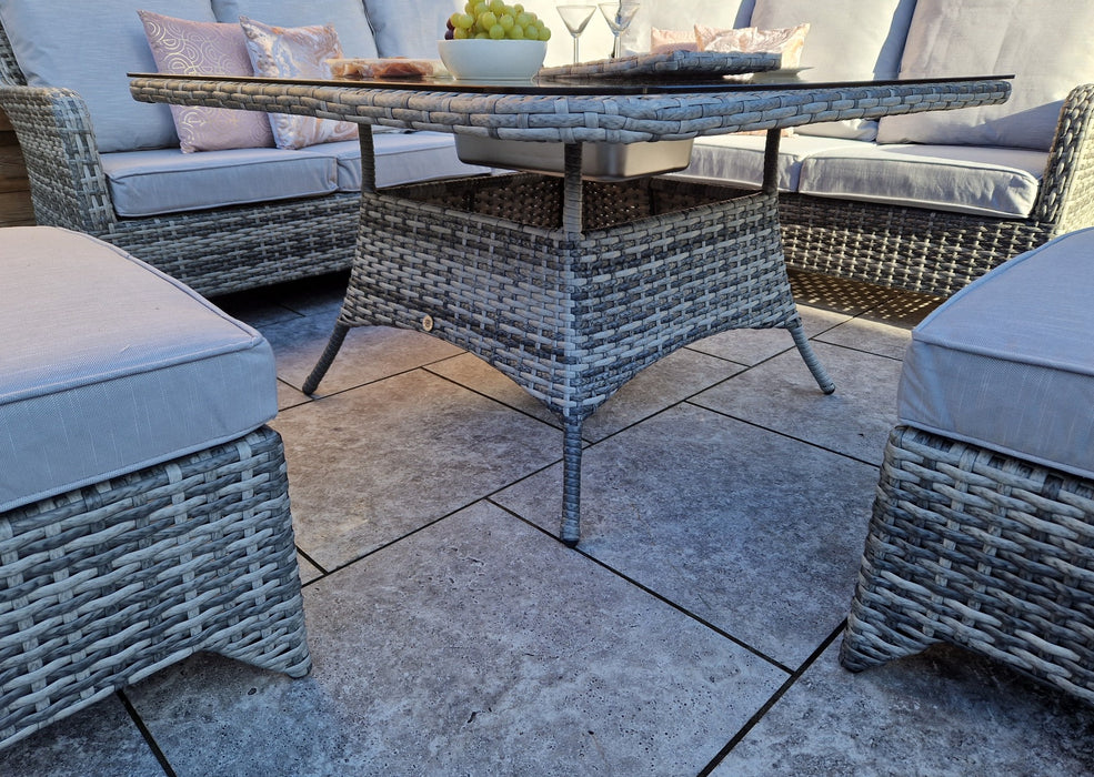  'Sorrento' Large Corner Grey Rattan Sofa Dining Table Set with ice bucket Table Top