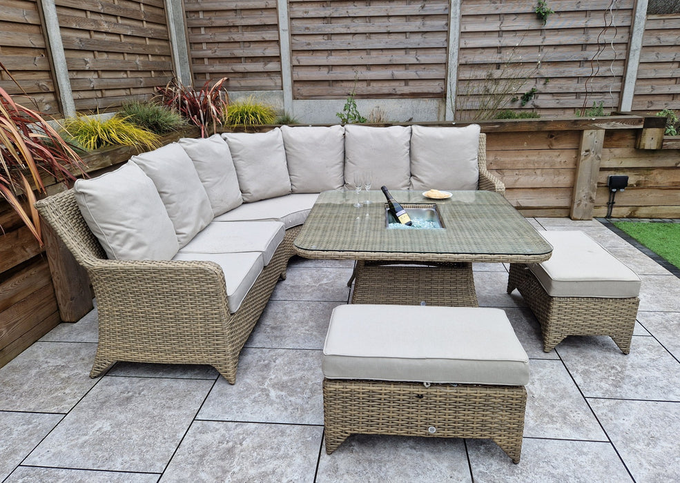 'Sorrento' Large Corner Rattan Dining Set In Natural With Beige Cushions & Ice Bucket Table