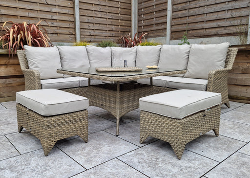 'Sorrento' Large Corner Rattan Dining Set In Natural With Beige Cushions & Ice Bucket Table