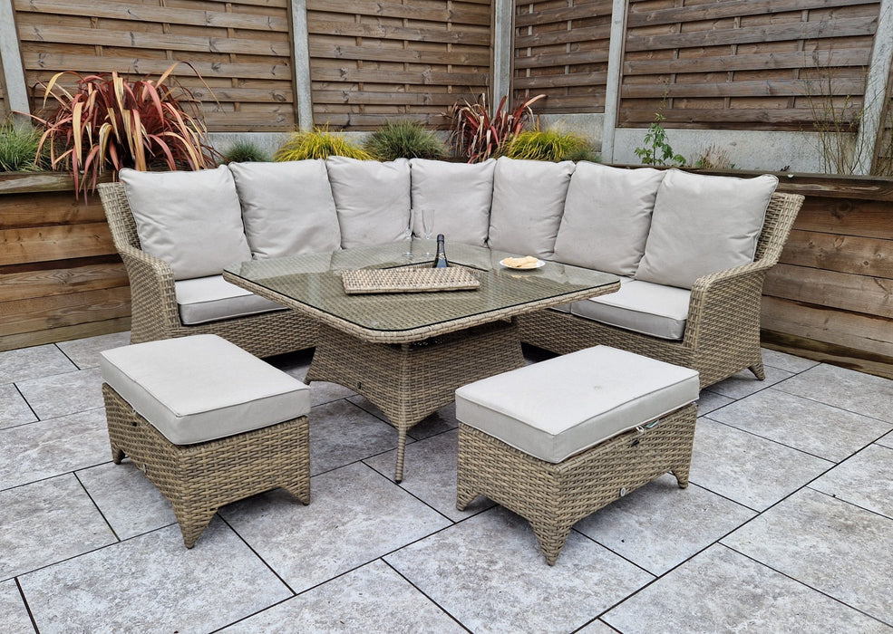 'Sorrento' Large Corner Rattan Dining Set In Natural With Beige Cushions & Ice Bucket Table