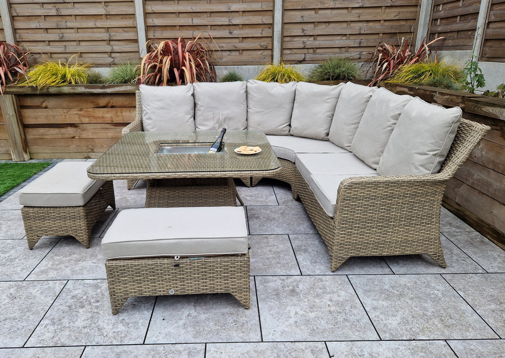 'Sorrento' Large Corner Rattan Dining Set In Natural With Beige Cushions & Ice Bucket Table