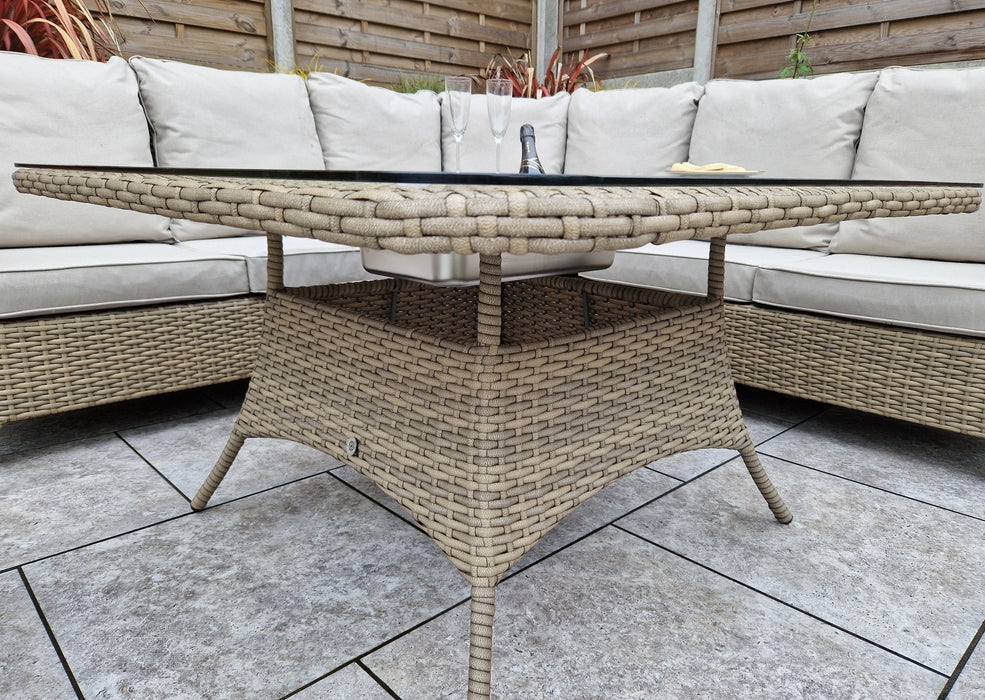 'Sorrento' Large Corner Rattan Dining Set In Natural With Beige Cushions & Ice Bucket Table