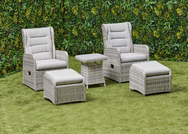 'Santorini’ 2 Seater Grey Rattan Aluminum Reclining Armchair Set with Side Table