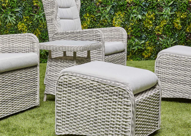 'Santorini’ 2 Seater Grey Rattan Aluminum Reclining Armchair Set with Side Table
