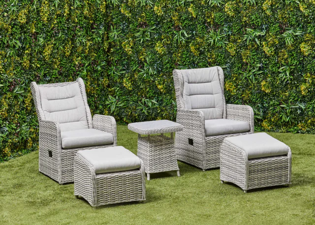 'Santorini’ 2 Seater Grey Rattan Aluminum Reclining Armchair Set with Side Table