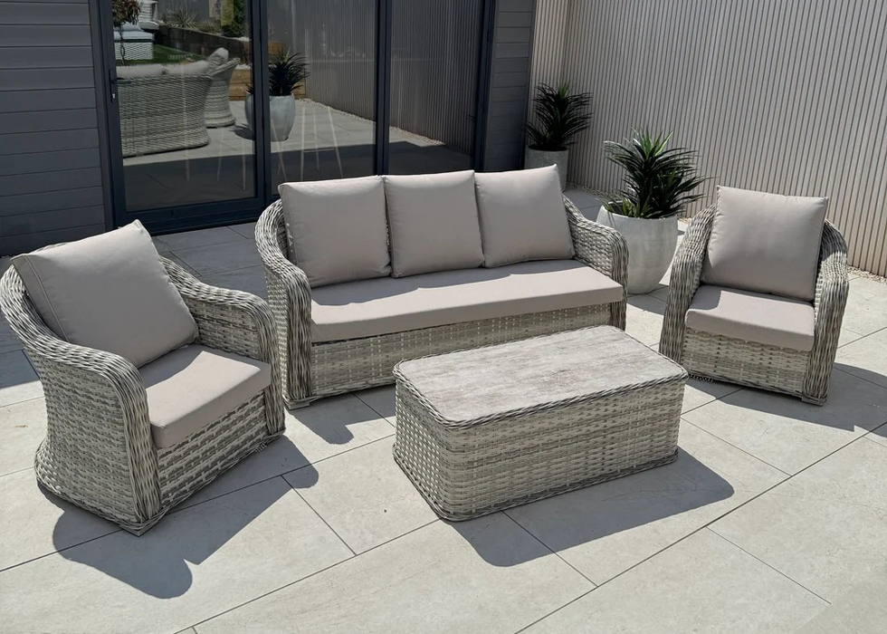 'Santorini’ 5 Seater Sofa Beige Rattan Aluminum Lounge Set with Coffee Table & Cover