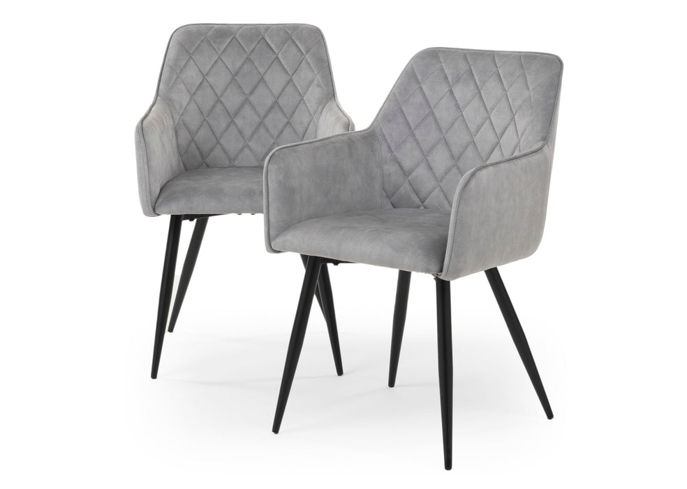 Modern Style Camden Light Grey Silver Velvet Dining Chairs, Black Metal Leg