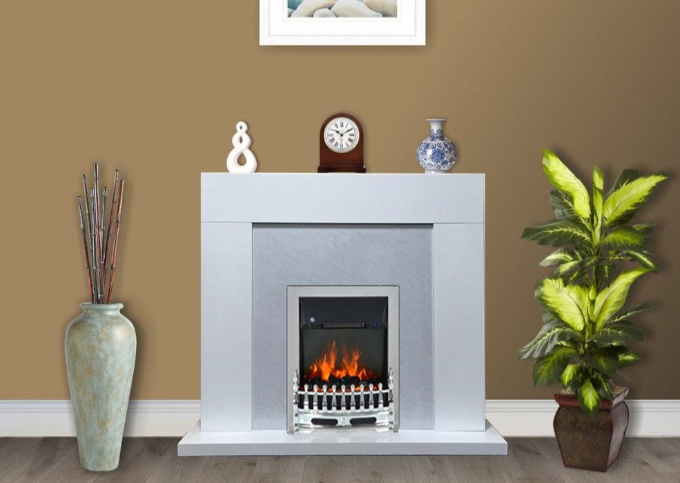 White Marble Flat Wall 2KW Electric Fire Surround Set Complete Fireplace- with Chrome Fire