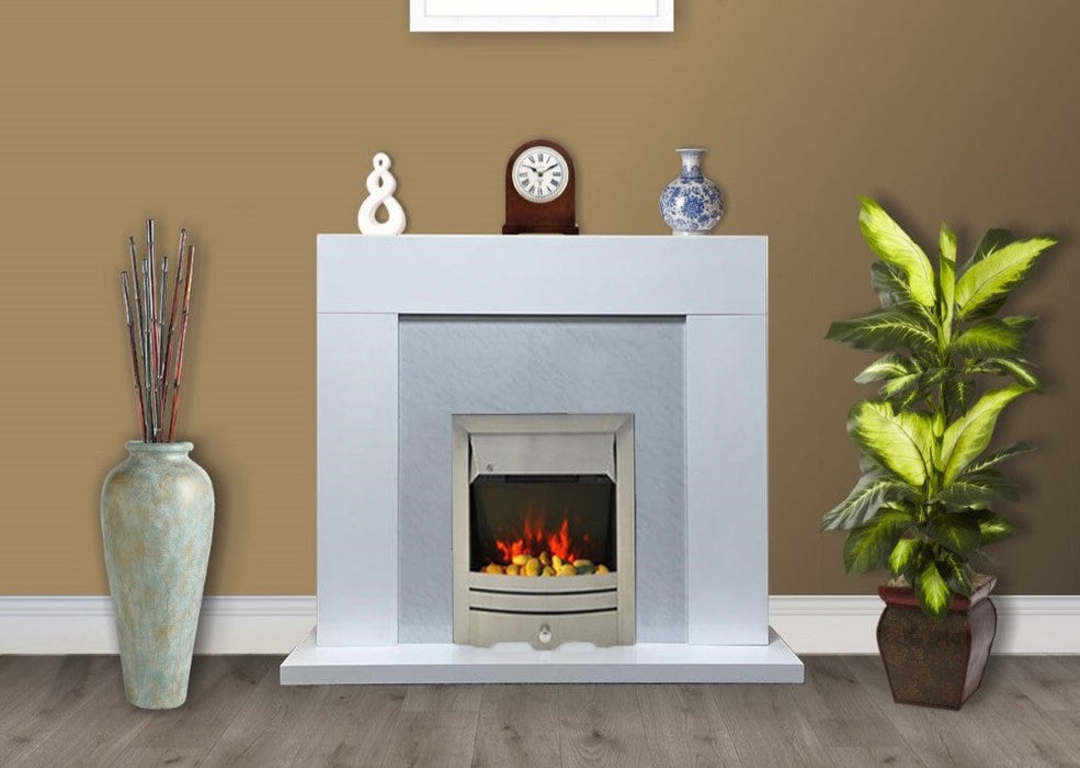 White Marble Flat Wall 2KW Electric Fire Surround Set Complete Fireplace- with Brushed Steel Fire