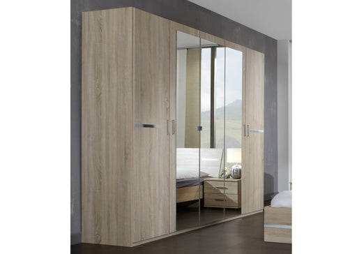 SlumberHaus 'Anna' 225cm German Made Modern Oak & Mirror 5 Door Wardrobe
