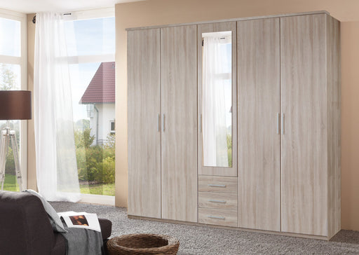 SlumberHaus 'Ben' 225cm German Made Modern Oak & Mirror 5 Door Wardrobe with Drawers