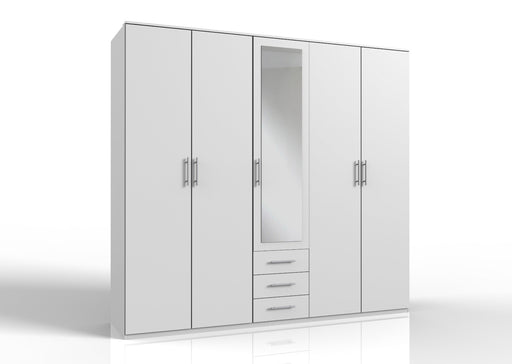 SlumberHaus 'Ben' 225cm German Made Modern White & Mirror 5 Door Wardrobe with Drawers