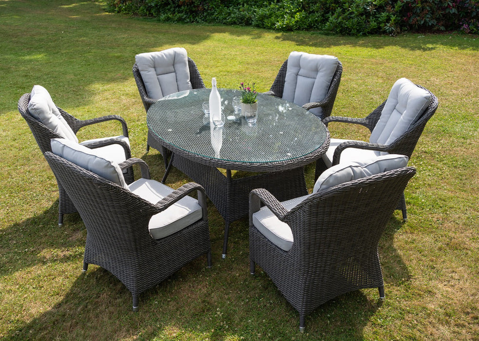 Twilight Grey Outdoor Garden Rattan 6 Seater Oval Garden Dining Table Set