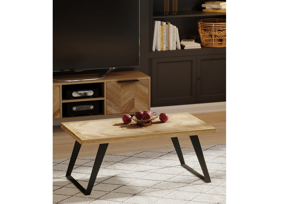 'Oakwood Living' Agra Industrial Style Coffee Table Mango Parquet Metal Legs