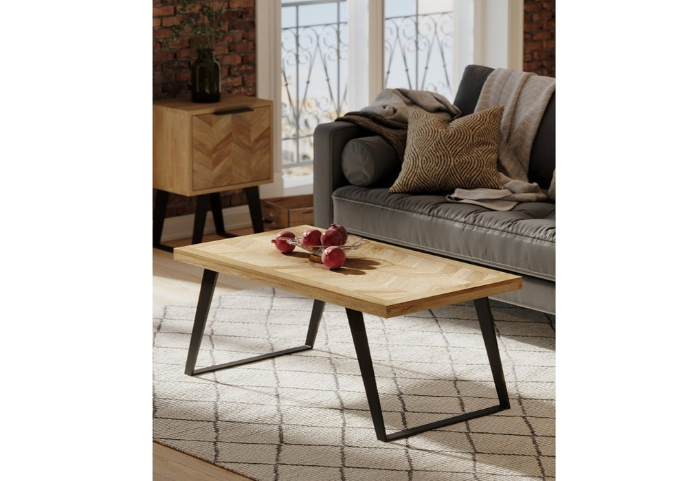 'Oakwood Living' Agra Industrial Style Coffee Table Mango Parquet Metal Legs