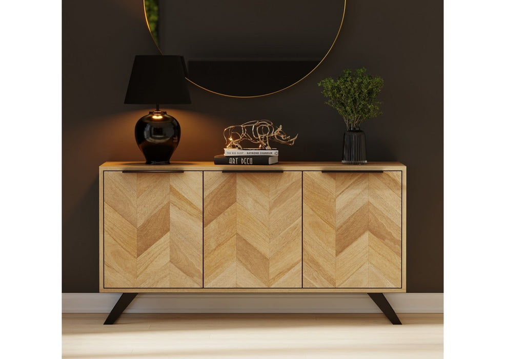 'Oakwood Living' Agra Industrial Style Large 3 Door Sideboard Cabinet Mango Parquet Metal Legs