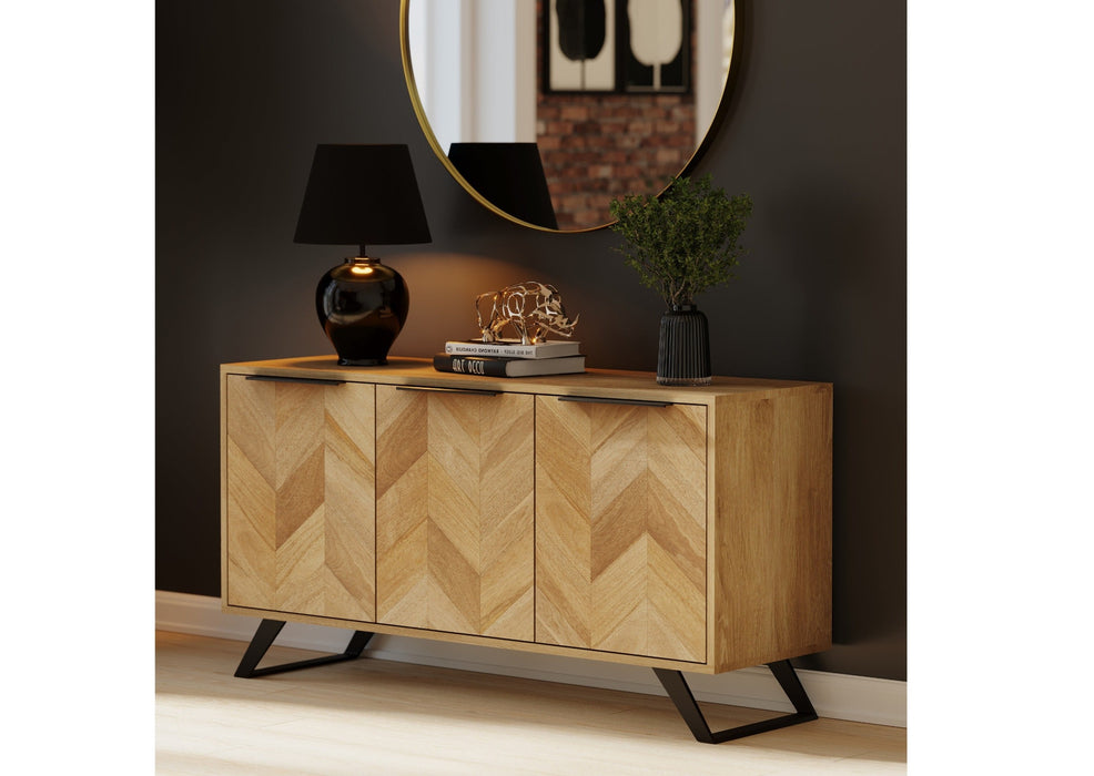 'Oakwood Living' Agra Industrial Style Large 3 Door Sideboard Cabinet Mango Parquet Metal Legs