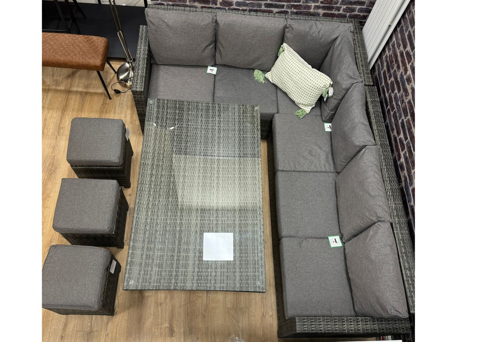 'Luxury' Outdoor Grey Aluminium Rattan Dining Table Corner Sofa Set with Storage Stools