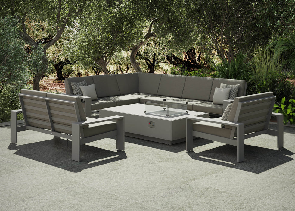 Venus Outdoor Aluminium Rectangle Corner Sofa Dining Set with Gas firepit Coffee Table
