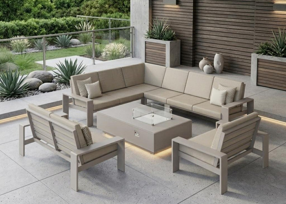 Venus Outdoor Aluminium Rectangle Corner Sofa Dining Set with Gas firepit Coffee Table