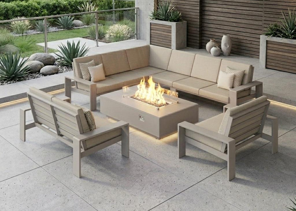 Venus Outdoor Aluminium Rectangle Corner Sofa Dining Set with Gas firepit Coffee Table
