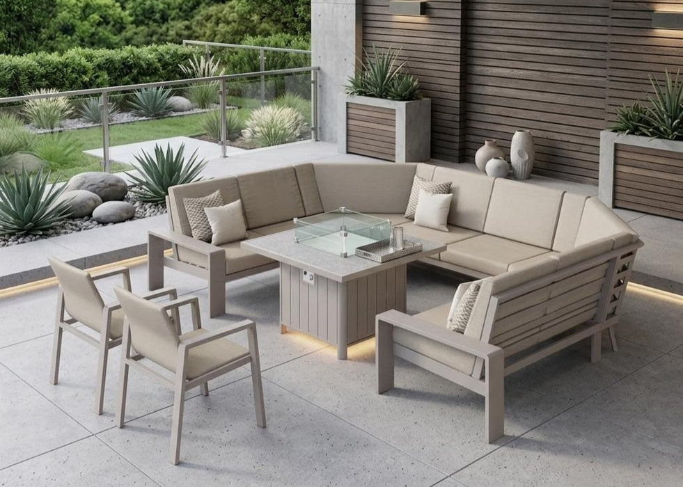 Venus Outdoor Aluminium U Shape Large Corner Sofa Dining Set with Gas firepit Table