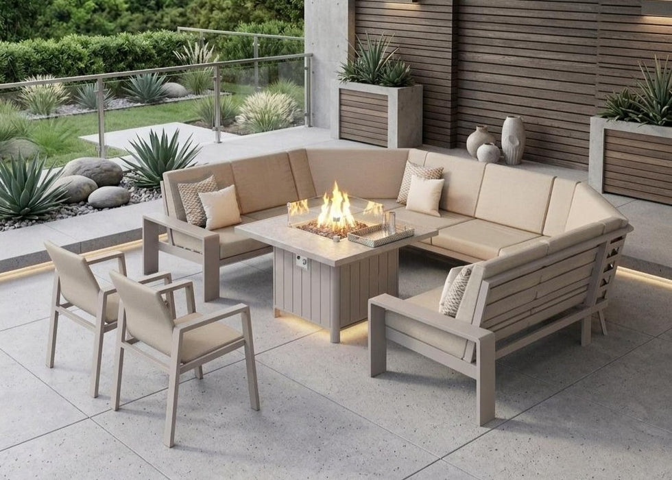 Venus Outdoor Aluminium U Shape Large Corner Sofa Dining Set with Gas firepit Table