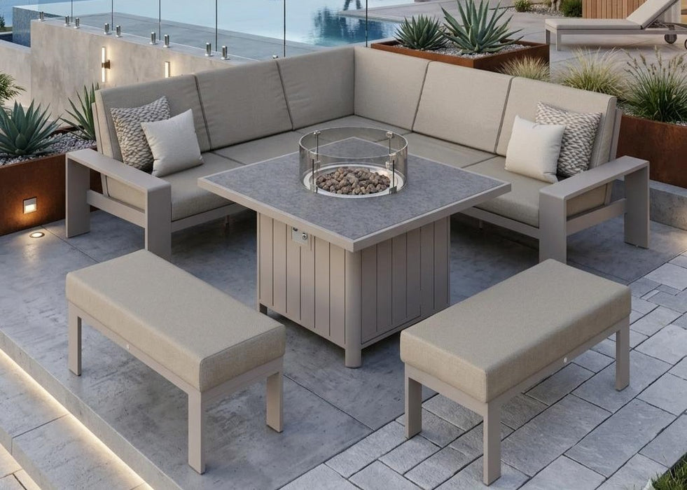Venus Outdoor Garden Aluminium Corner Sofa Dining Set with Gas Firepit Table