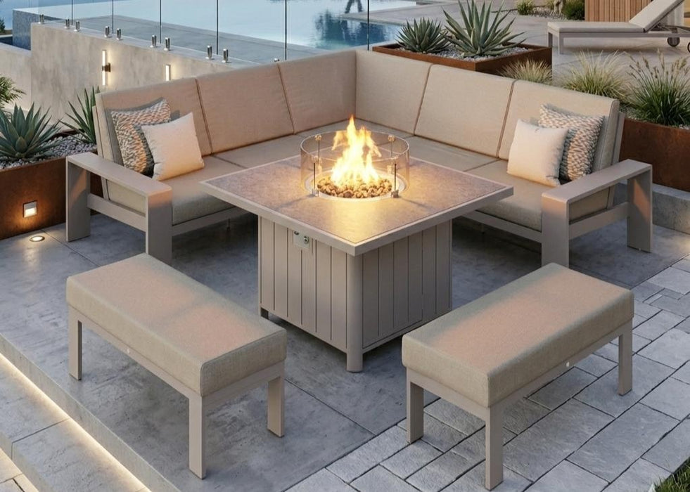 Venus Outdoor Garden Aluminium Corner Sofa Dining Set with Gas Firepit Table